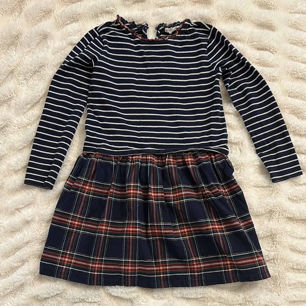 Crew Cuts (jcrew) Kids Long Sleeve Plaid and Striped Dress with Metallic Details